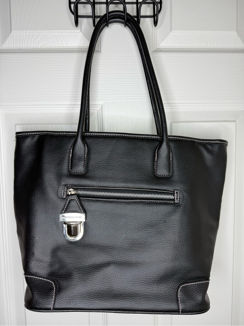 Victoria’s Secret Black Structured Tote Bag Pink Lining Pocket